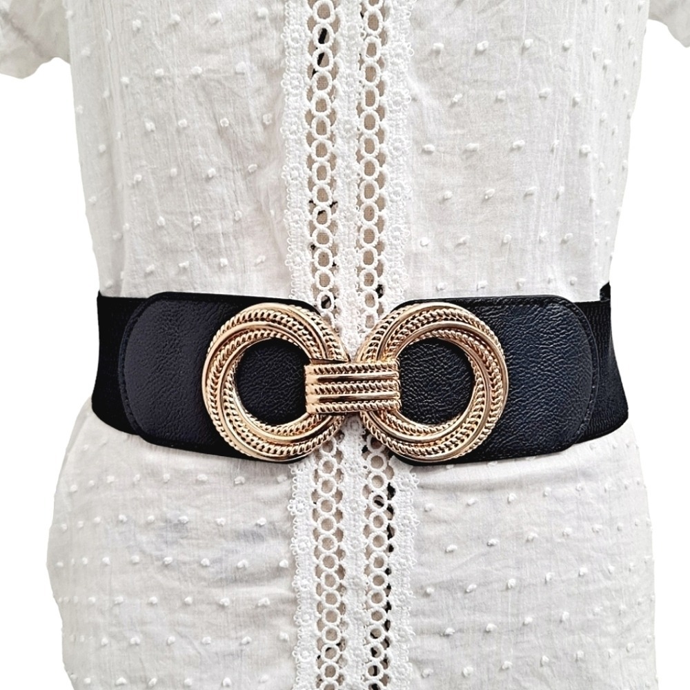 Black Faux leather Corset wide waist belt Gold swirl buckle Stretch classic